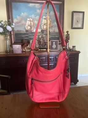 TheSak Red Leather Shoulder Hobo Bag with Front Zip Pocket